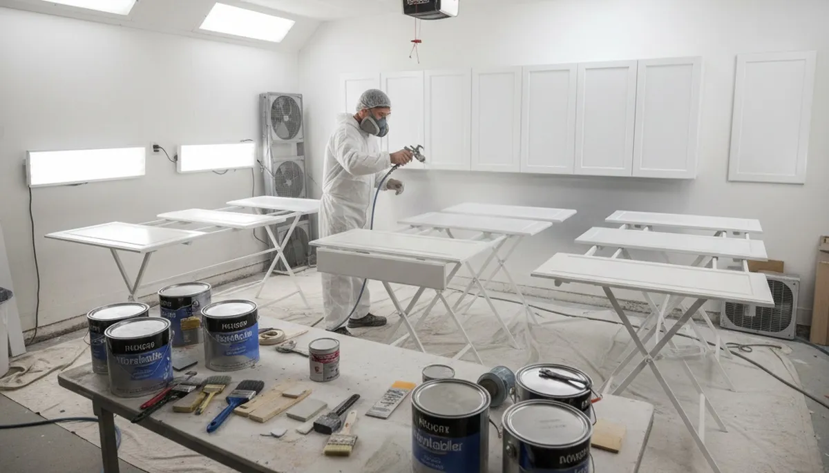 Professional cabinet painting in Fort Wayne IN using spray techniques for a smooth, durable kitchen finish