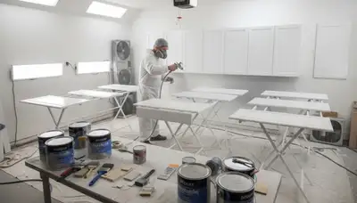 Professional cabinet painting in Fort Wayne IN using spray techniques for a smooth, durable kitchen finish