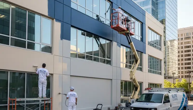Professional commercial painters in Fort Wayne, IN applying durable coatings to office building exterior