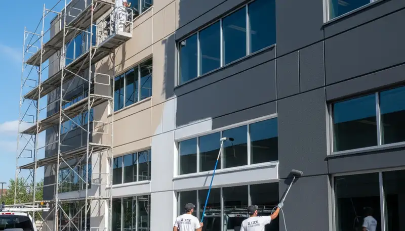 Professional commercial painters working on office exterior in Fort Wayne, IN