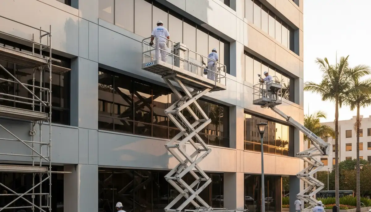 Professional commercial painters finishing office exterior in Fort Wayne, IN