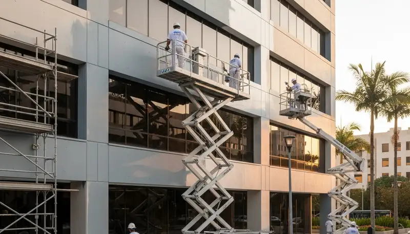 Professional commercial painters finishing office exterior in Fort Wayne, IN