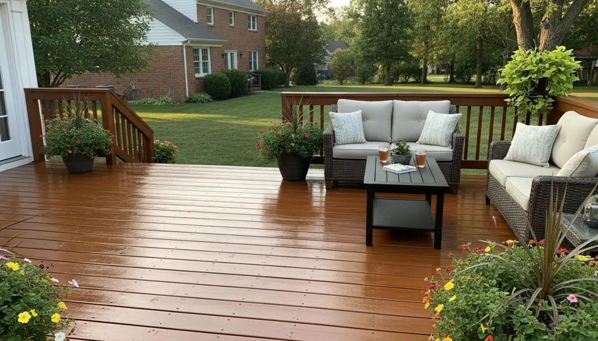 Finished deck staining in Fort Wayne IN showing rich wood color and professional weatherproof finish