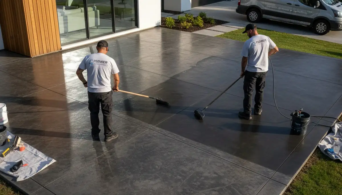 Professional concrete staining on residential garage floor in Fort Wayne, IN by local painting experts