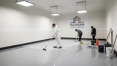 Epoxy floor coating installation in Fort Wayne IN garage by professional house painters