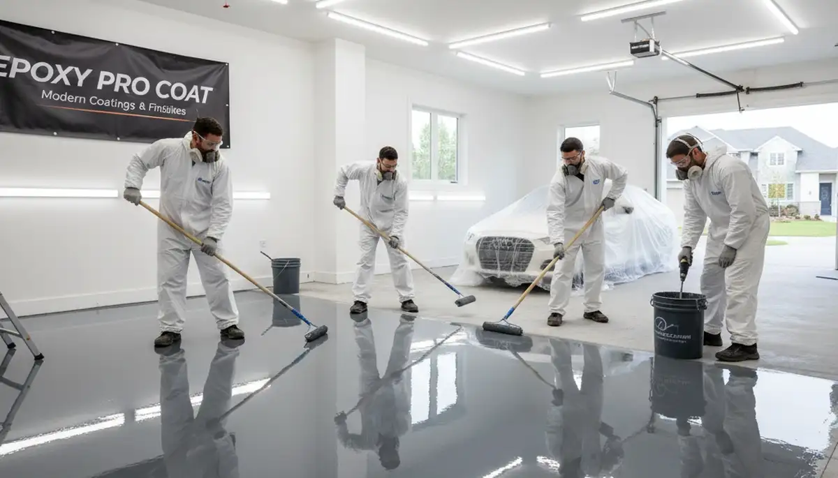 Epoxy floor coating application in Fort Wayne, IN garage by professional house painters