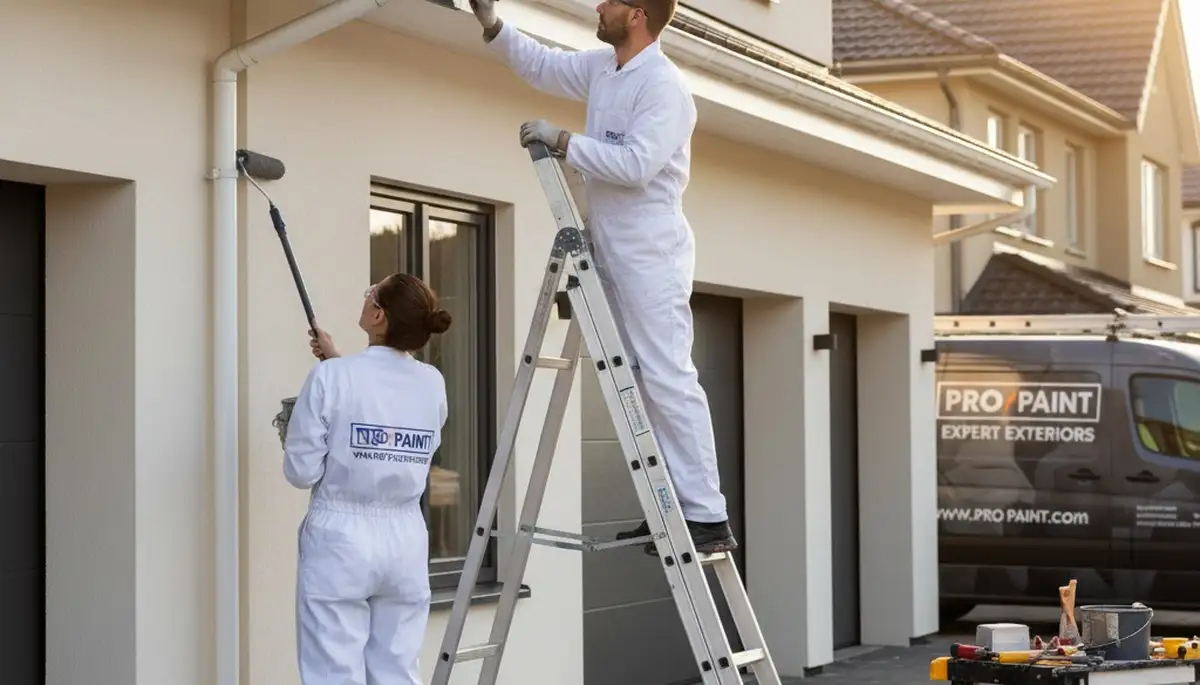 Professional painters providing gutter painting service on a Fort Wayne IN home exterior