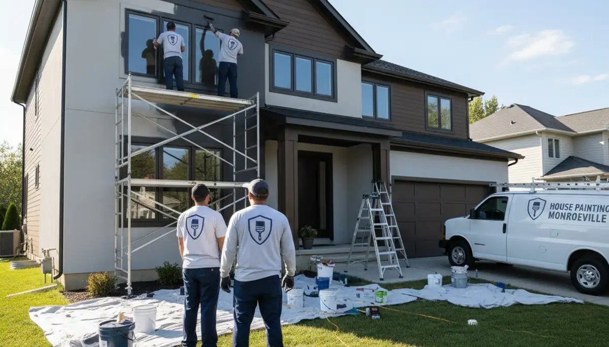 Professional house painters in Fort Wayne IN applying exterior paint to residential home façade