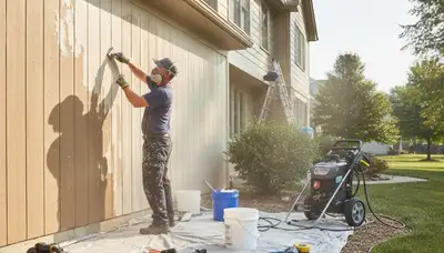 Painter sanding exterior siding for paint prep on Fort Wayne, IN home before weather-resistant coating.