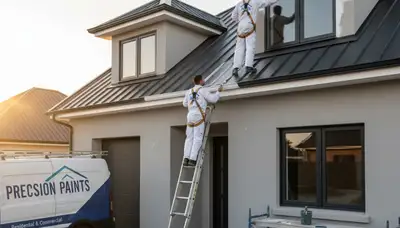 Professional trim and fascia painting on Fort Wayne IN home exterior by expert house painters